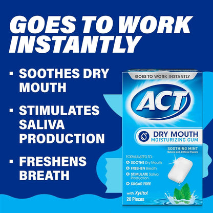 ACT Dry Mouth Gum – Travel Bag Companion for Flight and Road Trip Hydration, Soothing Mint