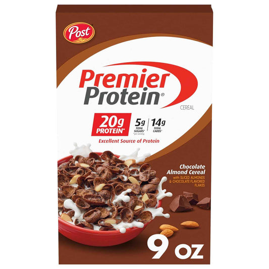 Post Premier Protein Chocolate Almond Cereal — Desk Drawer Snack Cereal with 20g Protein to Beat the Mid-Afternoon Crash