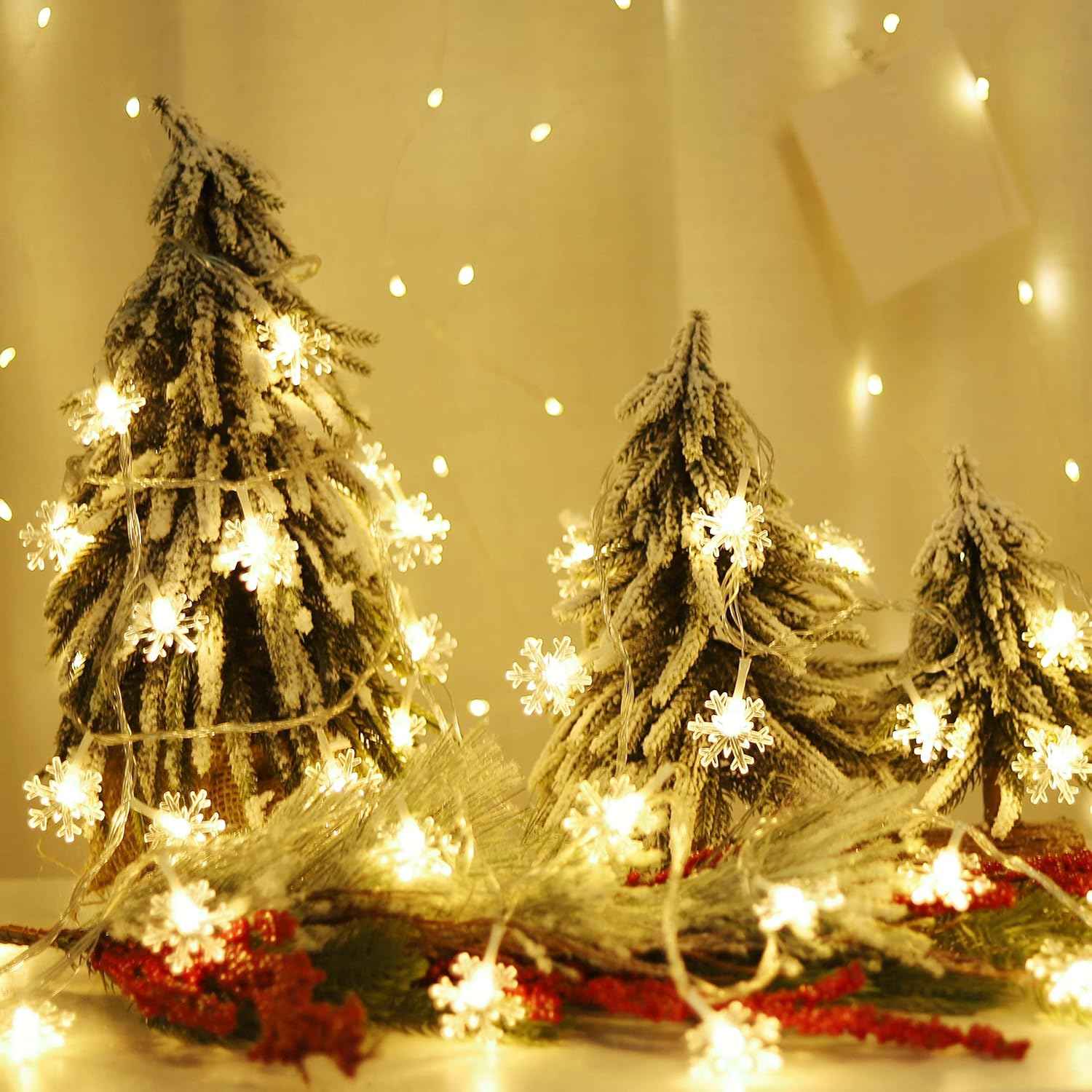 LuminHaus Snowflake String Lights – Clean Scandinavian Home Accent, Warm White LED Lights for Neutral Interiors