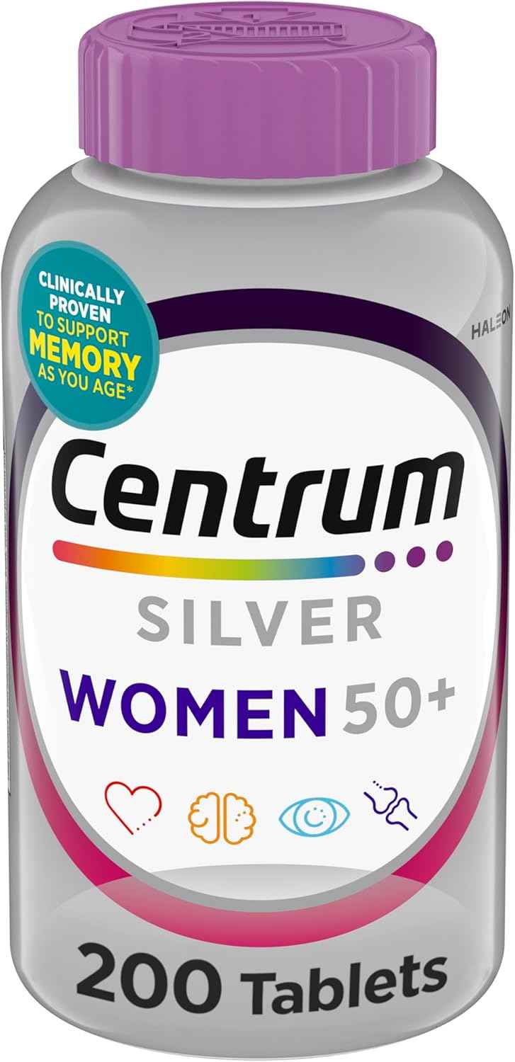 Centrum Silver Women's 50 Plus Multivitamin – Everyday Vitality Supplement for Bathroom Counter Wellness, Non-GMO and Gluten-Free - 200 Ct