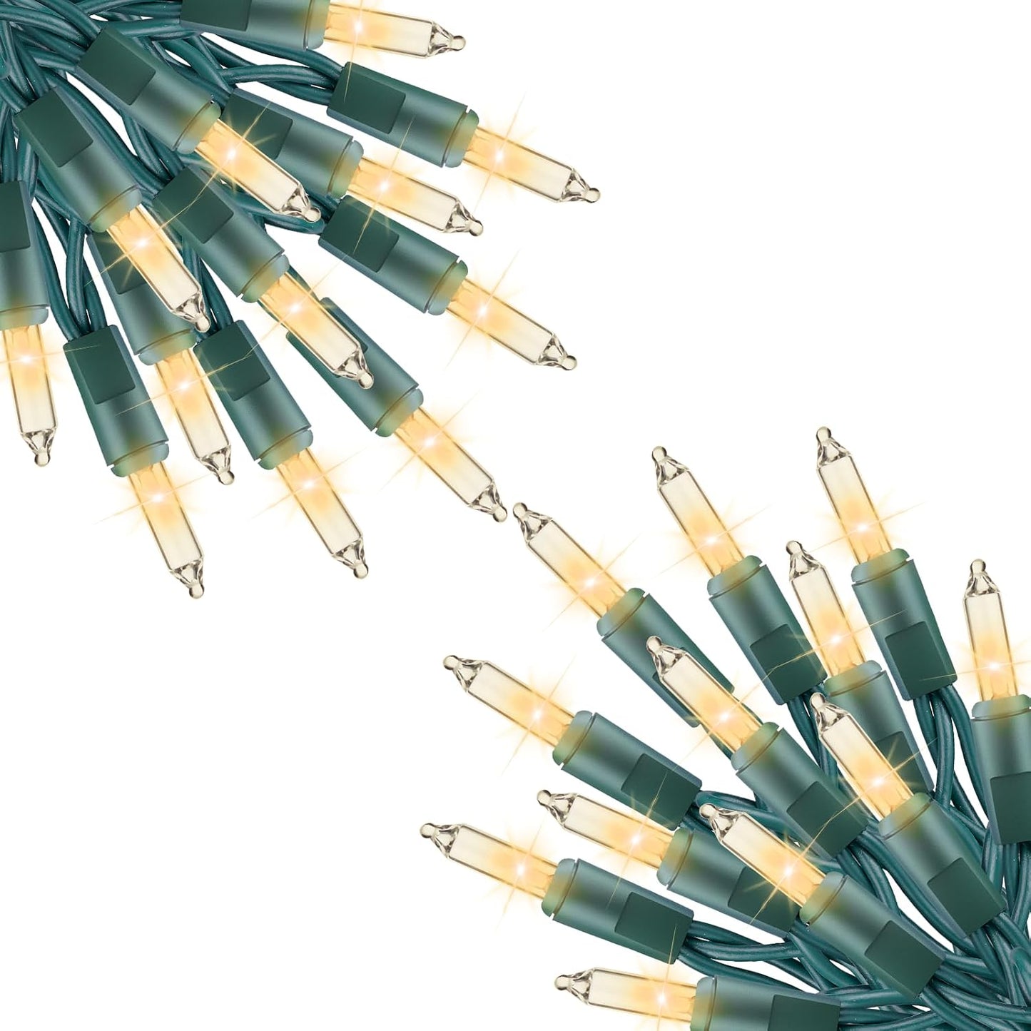 200 incandescent mini bulbs spaced 3 inches apart over 51.7 feet on green wire