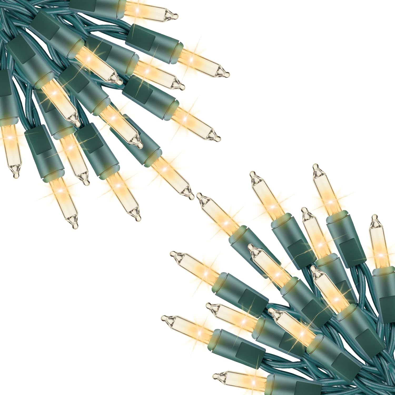 200 incandescent mini bulbs spaced 3 inches apart over 51.7 feet on green wire