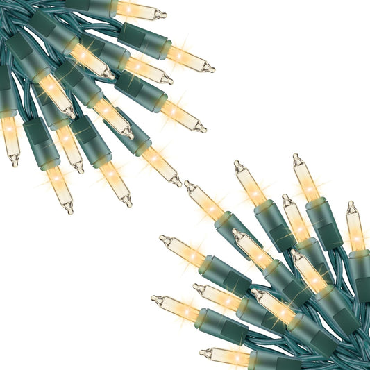 200 incandescent mini bulbs spaced 3 inches apart over 51.7 feet on green wire