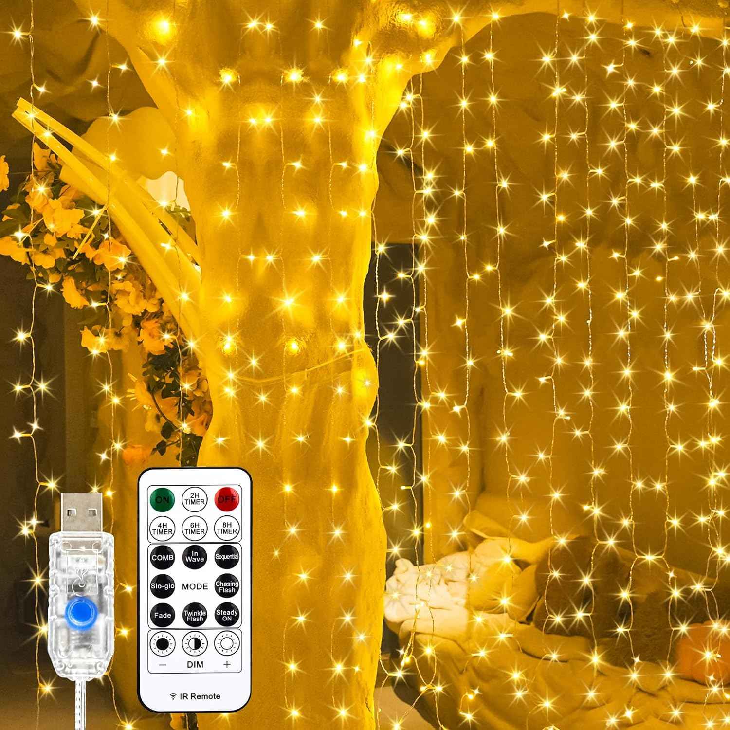 LuminHaus Hanging Curtain Light 200 LED 6.6x6.6ft Dimmable Twinkle String Light in White for Bedroom Window Backdrop and Apartment Living Room Decor