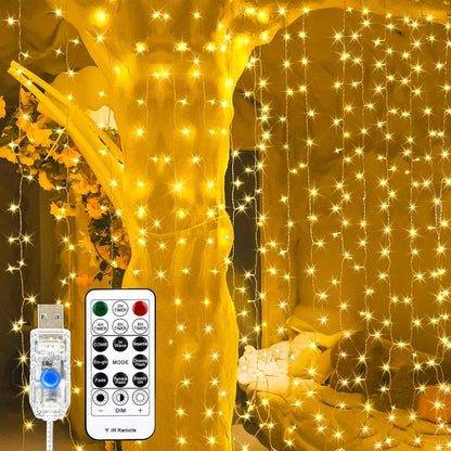 LuminHaus Hanging Curtain Light 200 LED 6.6x6.6ft Dimmable Twinkle String Light in White for Bedroom Window Backdrop and Apartment Living Room Decor