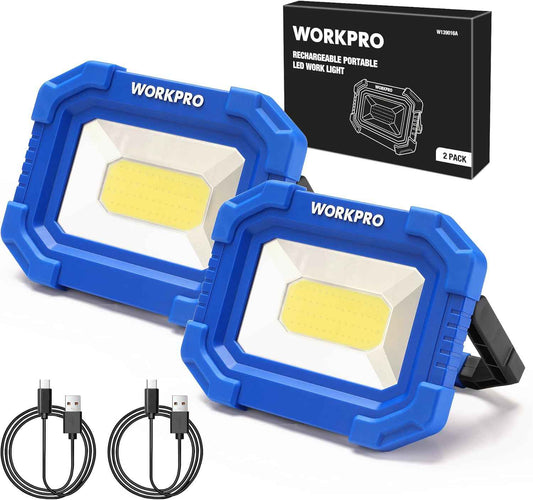 WORKPRO Emergency LED Work Light – Rechargeable Floodlight with Power Bank for Power Outages, 2 Pack