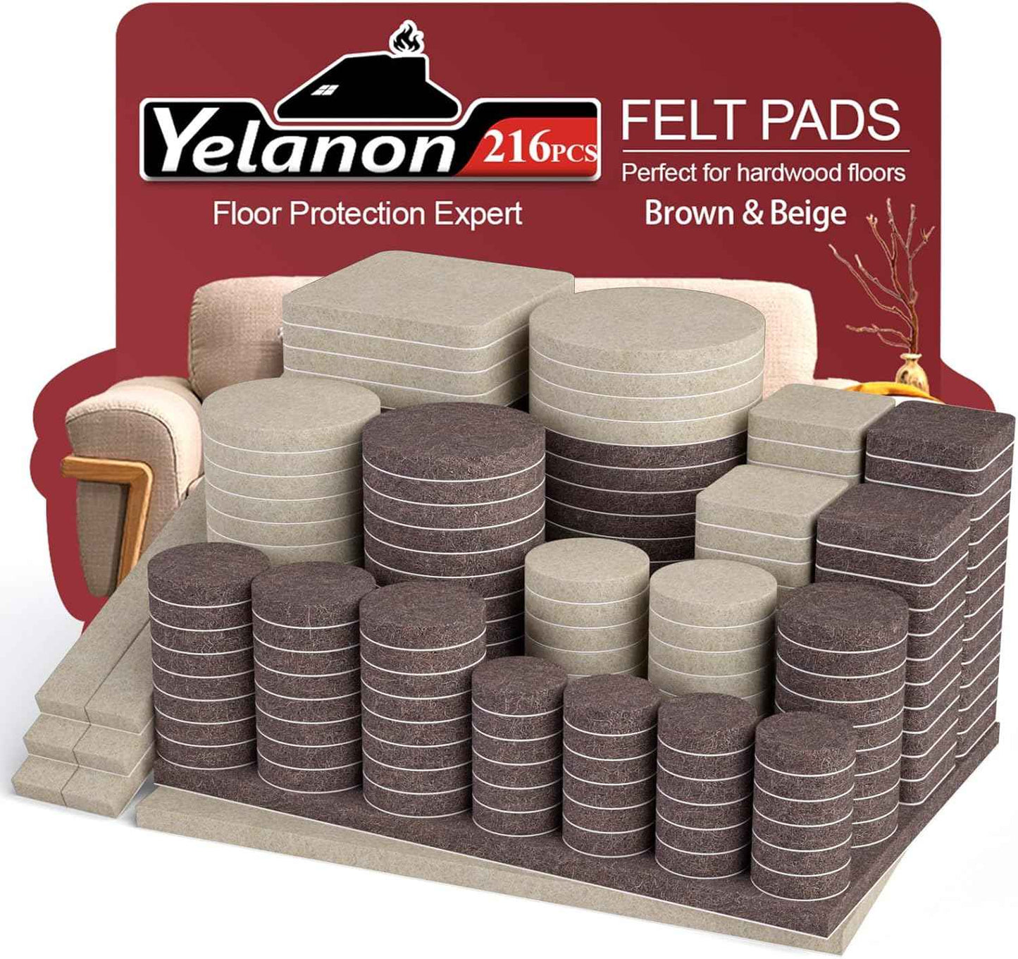 Yelanon Felt Furniture Pads for Hardwood Floors - 216 Pcs Strong-Adhesive Floor Protectors Preventing Slip and Trip Hazards at Home