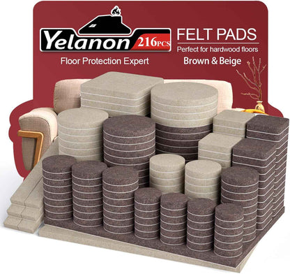 Yelanon Felt Furniture Pads for Hardwood Floors - 216 Pcs Strong-Adhesive Floor Protectors Preventing Slip and Trip Hazards at Home