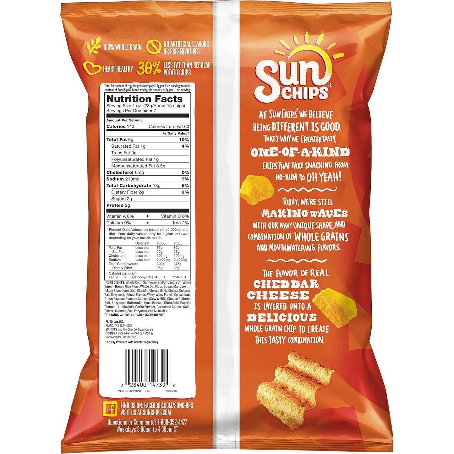 SunChips Harvest Cheddar Multigrain Snacks, 7 oz Whole Grain Mindful Snacking Option for Home Pantry and Office Drawer