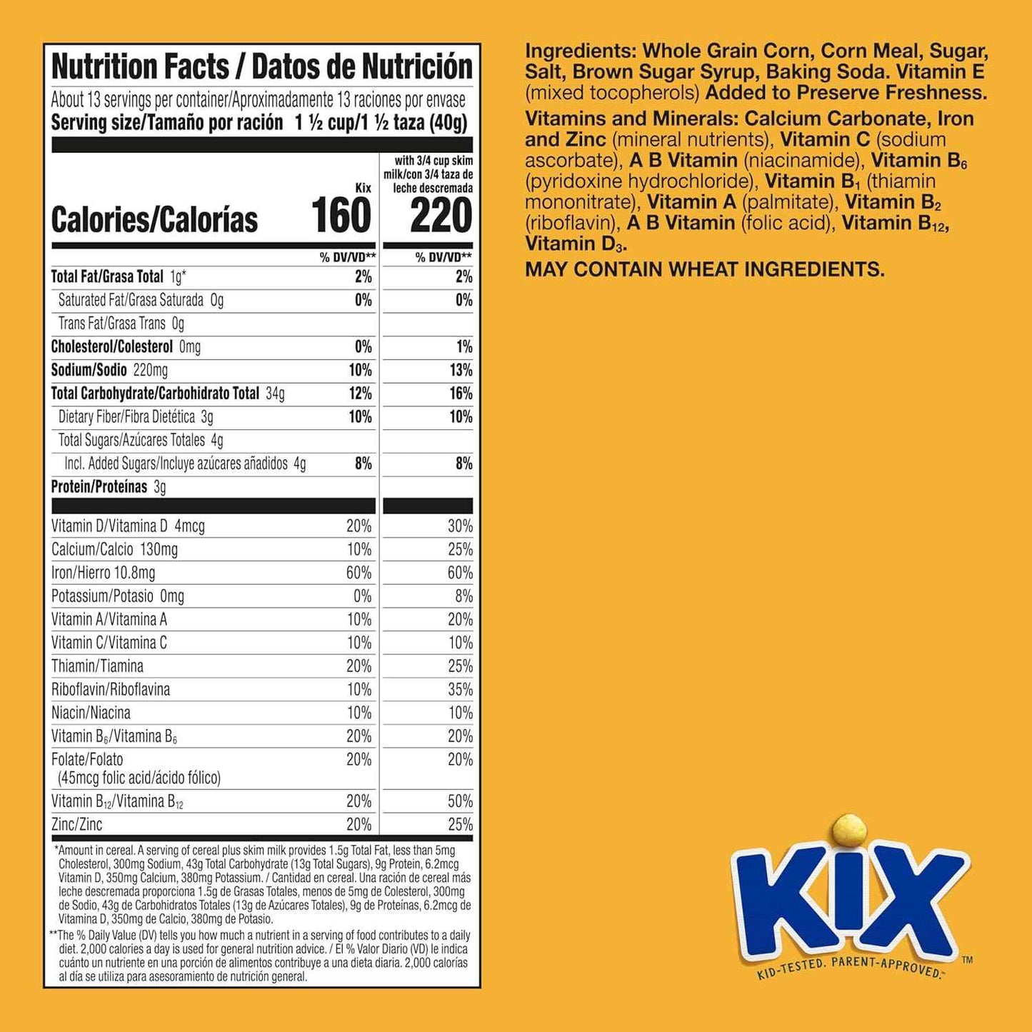 Kix Whole Grain Cereal – Wholesome School Lunchbox Snack for Kids, 18 oz Family Size Box