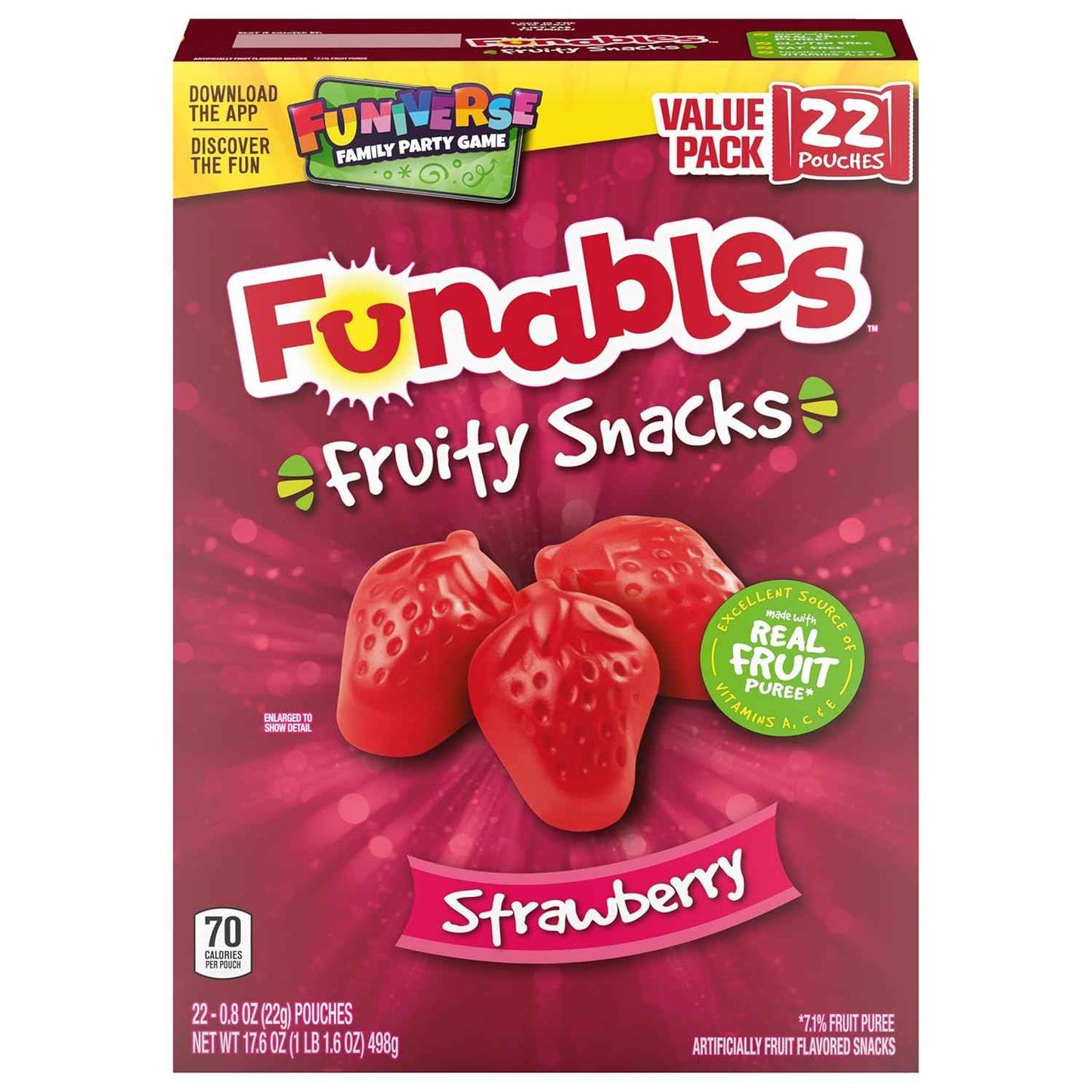 Funables Fruit Snacks for School Lunch & Birthday Goody Bags, Strawberry 22-Count Box
