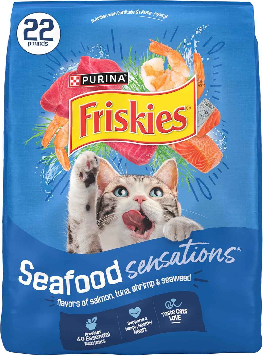 Purina Friskies Seafood Sensations Cat Kibble 22 lb. Salmon Tuna Shrimp - Practical Gift for the Multi-Cat Household Owner