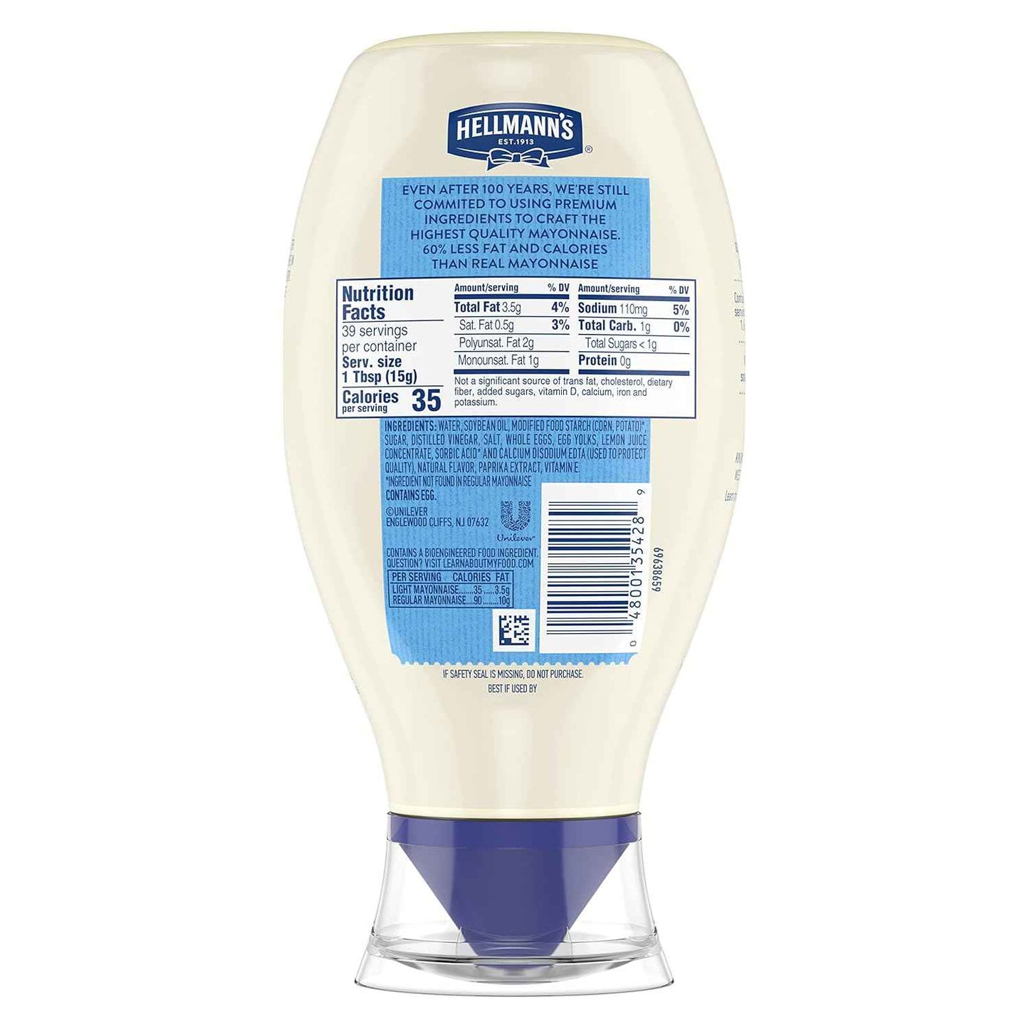 Hellmann's Light Mayonnaise Squeeze Bottle – Portable Backyard BBQ Condiment for Grilled Burgers and Sandwiches