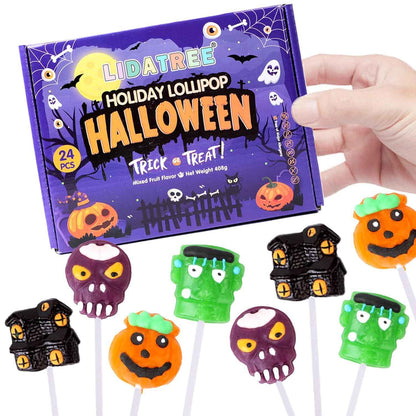 Halloween Themed Lollipop Gift Set - 24 Individually Wrapped Monster Suckers Ready to Gift in Spooky Present-Ready Packaging