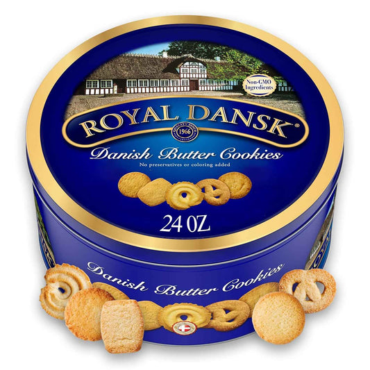 Royal Dansk Danish Butter Cookies – Iconic Blue and Gold Reusable Tin That Doubles as a Coffee Table and Kitchen Counter Accent