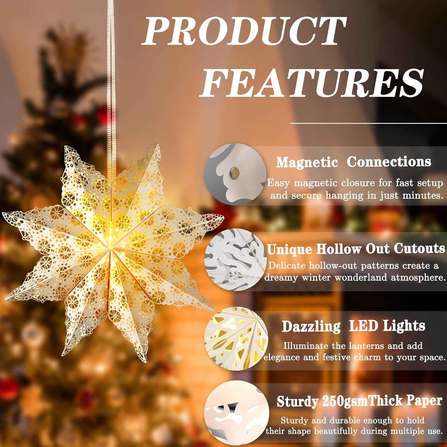 5Pcs Flameless Paper Snowflake Lanterns with LED – Smoke and Fire-Free Holiday Lighting Safe Around Kids, Pets and Curtains