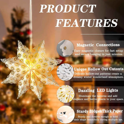 5Pcs Flameless Paper Snowflake Lanterns with LED – Smoke and Fire-Free Holiday Lighting Safe Around Kids, Pets and Curtains