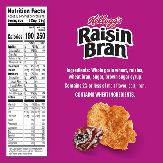 Kellogg's Raisin Bran Cereal for Digestive Wellness Routines, 26% Daily Fiber Breakfast Bowl Staple