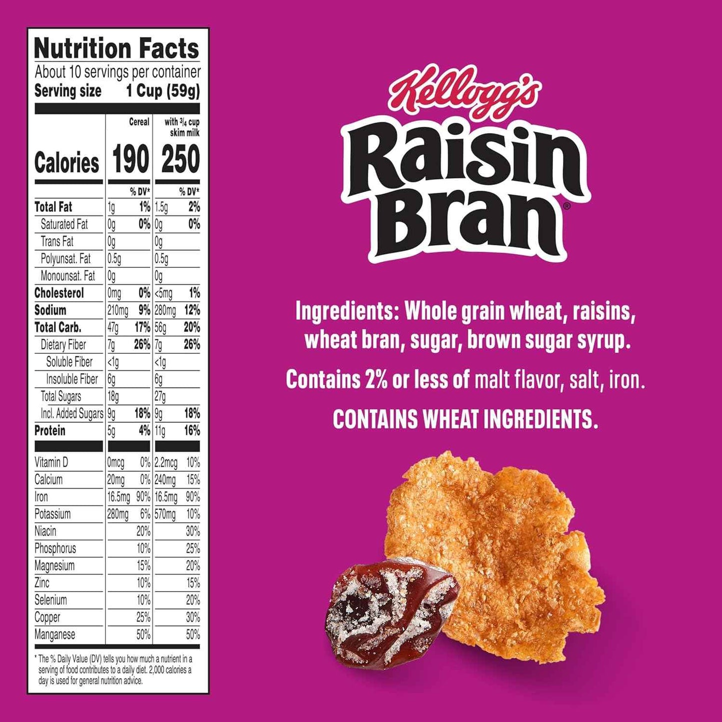 Kellogg's Raisin Bran Cereal for Digestive Wellness Routines, 26% Daily Fiber Breakfast Bowl Staple