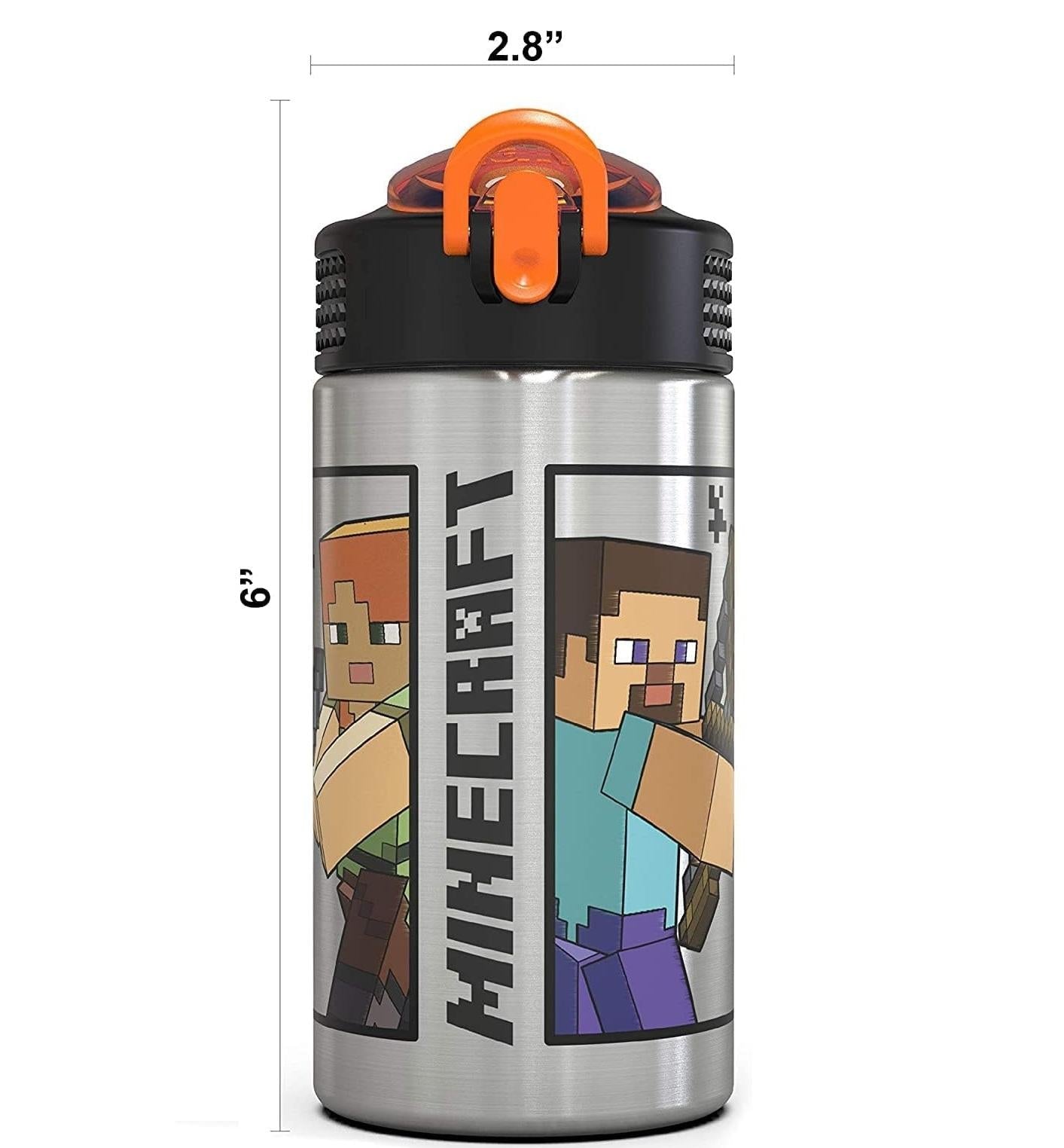 Zak_Designs_Minecraft_-_Stainless_Steel_Water_Bottle_with_One_Hand_Operation_Action_Lid_and_Built-in_Carrying_Loop,_with_Straw_Spout_is_Perfect_for_Kids_(15.5_oz,_18/8,_BPA-Free)_Drinkware_Cup_Tumbler_Portable_Bottled_Washable_Reusable_Mug_Flasks
