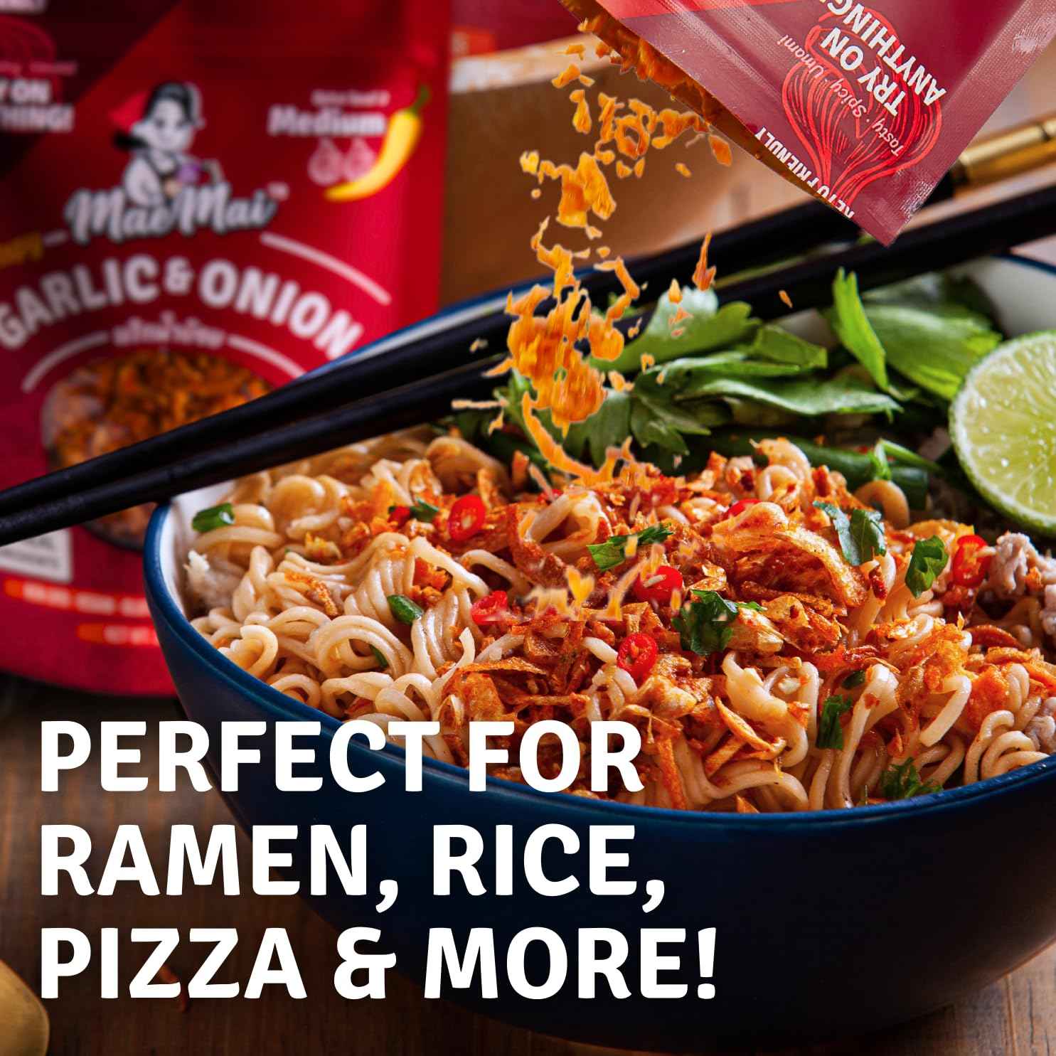 MaeMai Medium Spice Crispy Onions & Garlic Flakes - Clean-Label Thai Chili Crunch for Mindful Home Cooking, Keto & Vegan Friendly