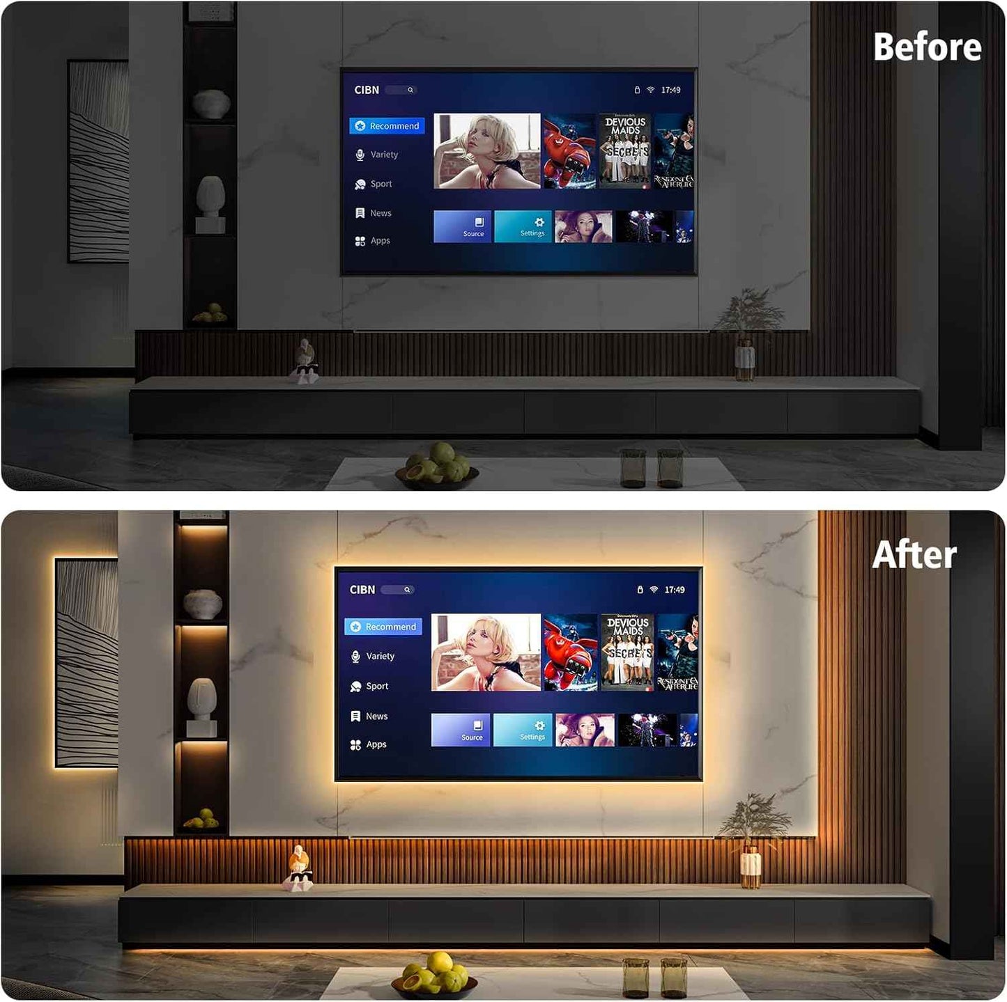 echosari Tape Light No Plug Required – Simple Peel-and-Stick Accent for Intentional Interiors, Warm White, Remote Dimmable