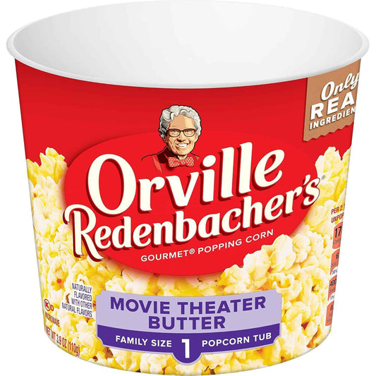 Orville Redenbacher's Movie Theater Butter Microwave Popcorn + Tub – Mindful Movie Night Snack for Apartment Kitchen