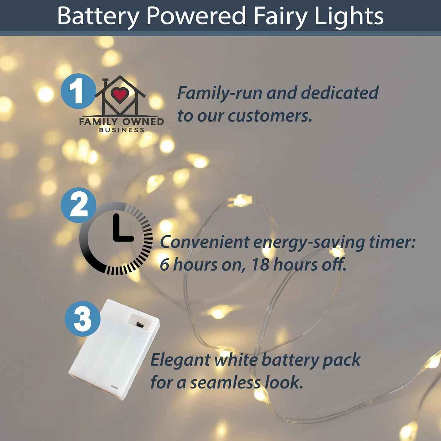 QBIS Warm White Fairy Lights – Battery Operated 6.5ft Silver Wire for Cozy Bedroom Shelf and Headboard Accent Lighting