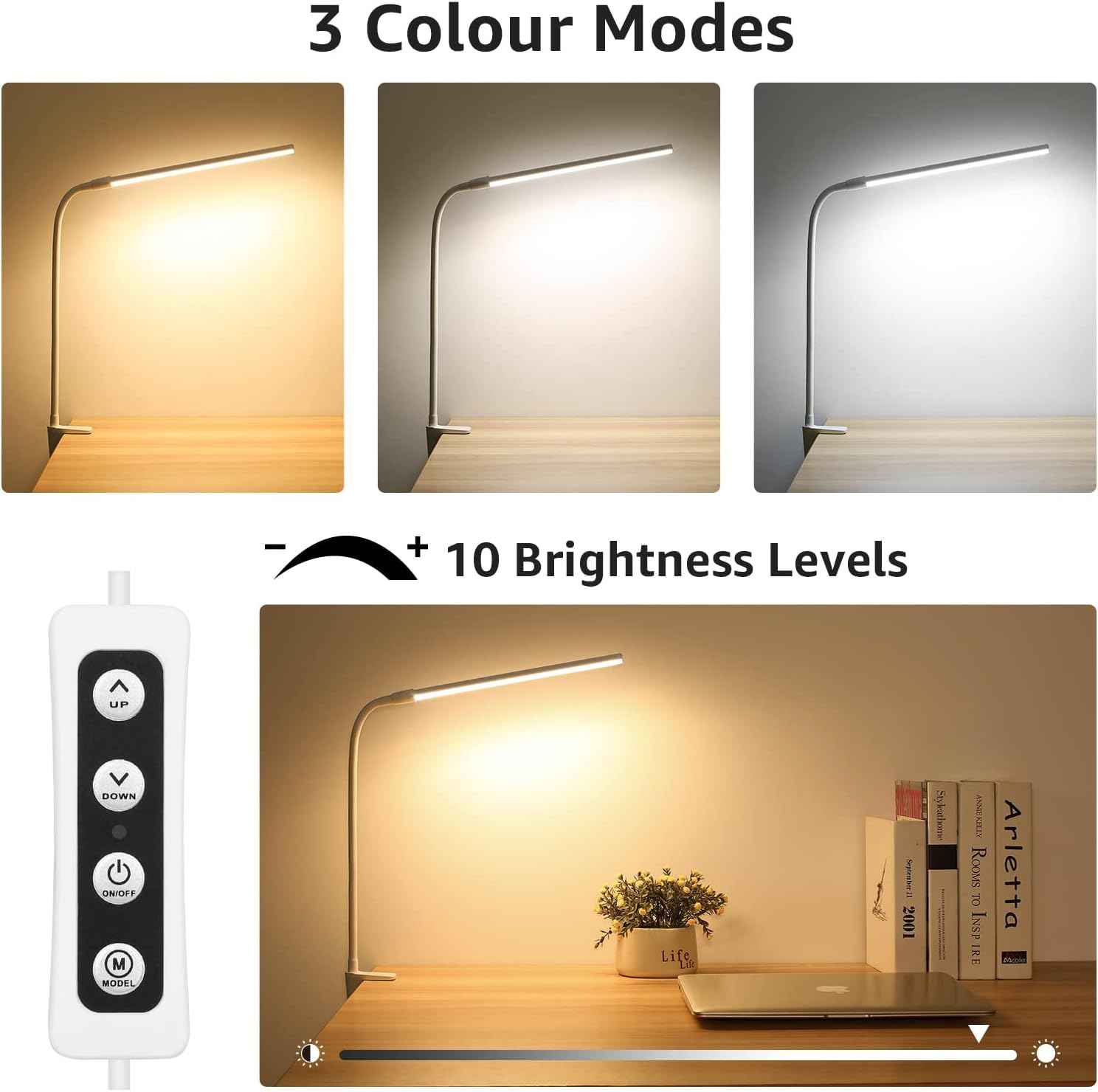 Lepro Slim Clip-On LED Lamp for Uncluttered Desks, Matte Aluminum USB Reading Light in White or Black