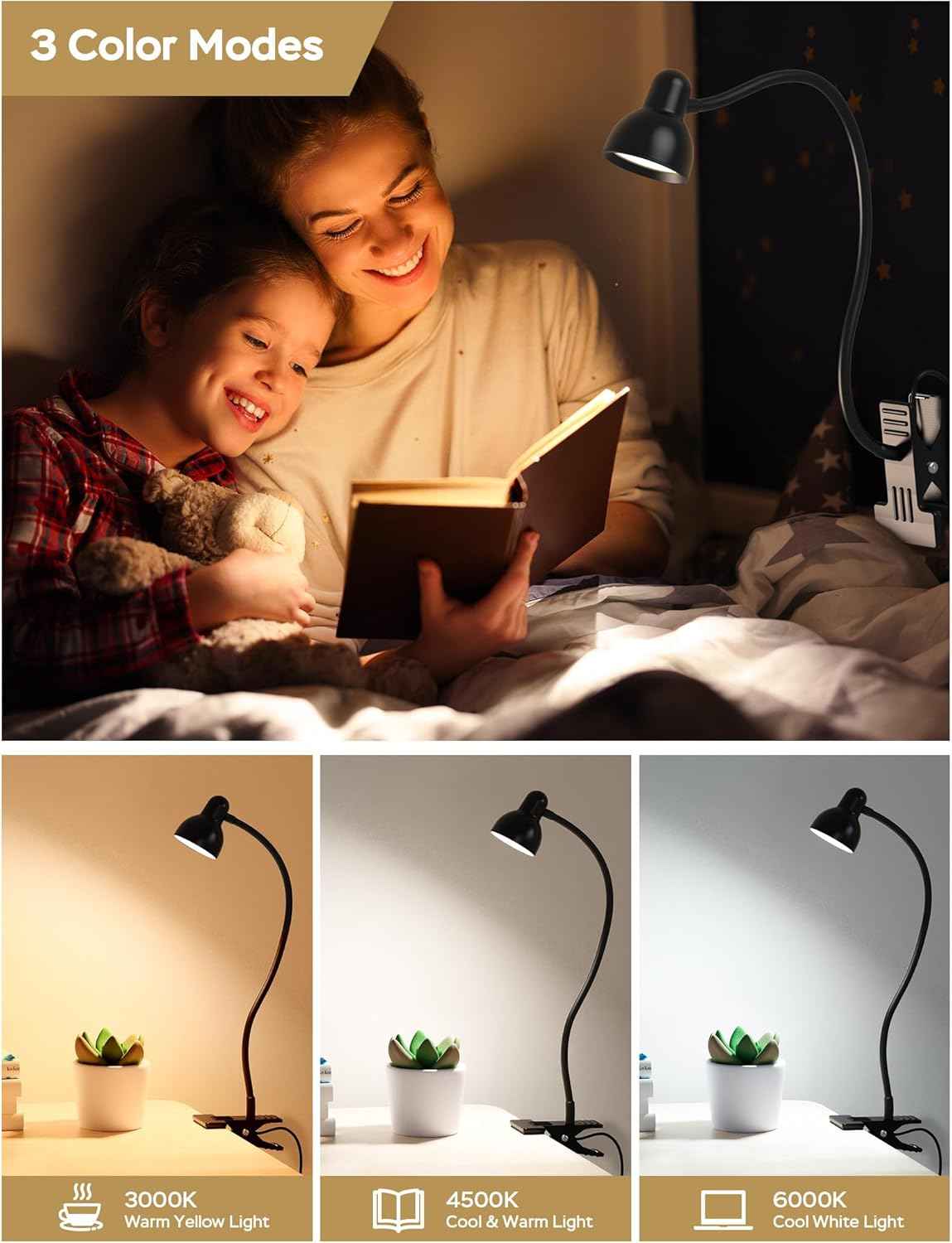 Glocusent Kids Reading Light - Safe LED Night Light for Loft Bed, No Heat Bulb Eye Care Clamp Lamp for Children