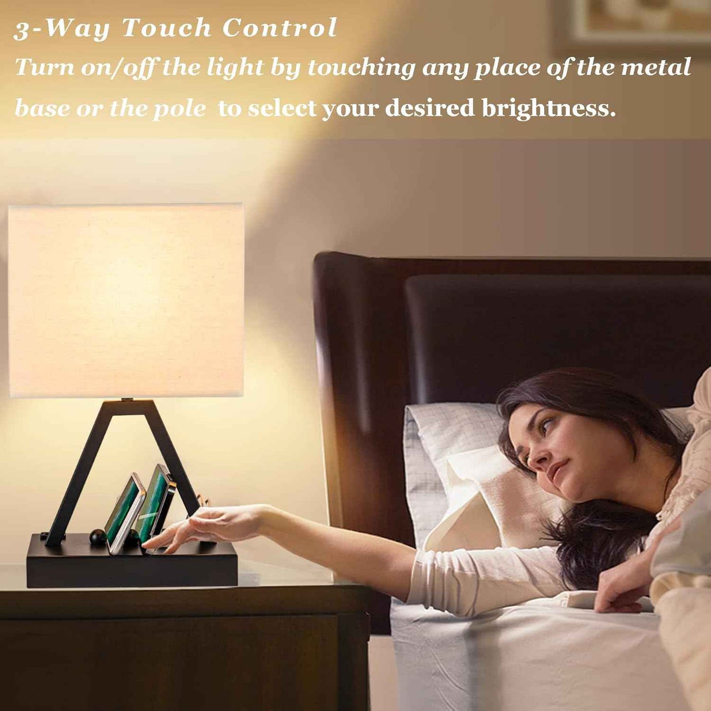 Briever 3-Way Dimmable Bedside Lamp – Thoughtful Housewarming Gift for Women and Men, Nightstand Lamp with USB C Port and AC Outlet