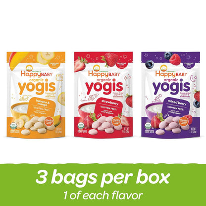 Happy Baby Organics Yogis – Soft Melt-in-Mouth Finger Food for Babies 8+ Months, 3-Flavor Variety Pack, 1 oz Each