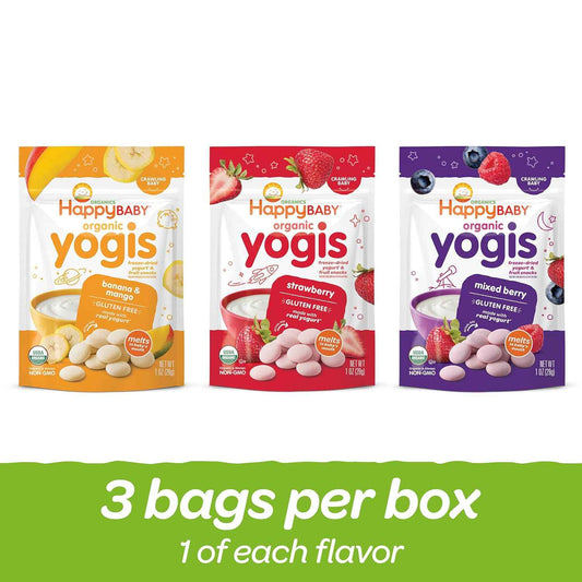 Happy Baby Organics Yogis – Soft Melt-in-Mouth Finger Food for Babies 8+ Months, 3-Flavor Variety Pack, 1 oz Each
