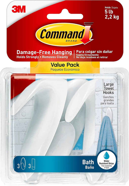 Command Bath Large Towel Hook Value Pack – Minimalist Bathroom Hooks for Intentional Small Space Living