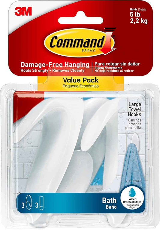 Command Bath Large Towel Hook Value Pack – Minimalist Bathroom Hooks for Intentional Small Space Living