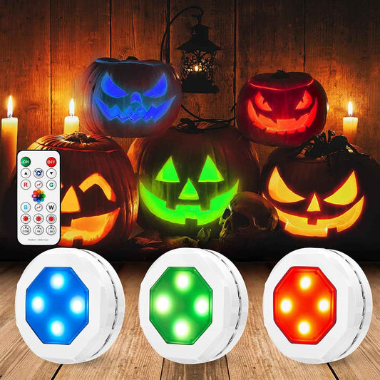 Litake Halloween Jack-O-Lantern Lights 3-Pack, RGB Color Changing Puck Lights for Spooky Living Room Ambiance and Mantel Decor
