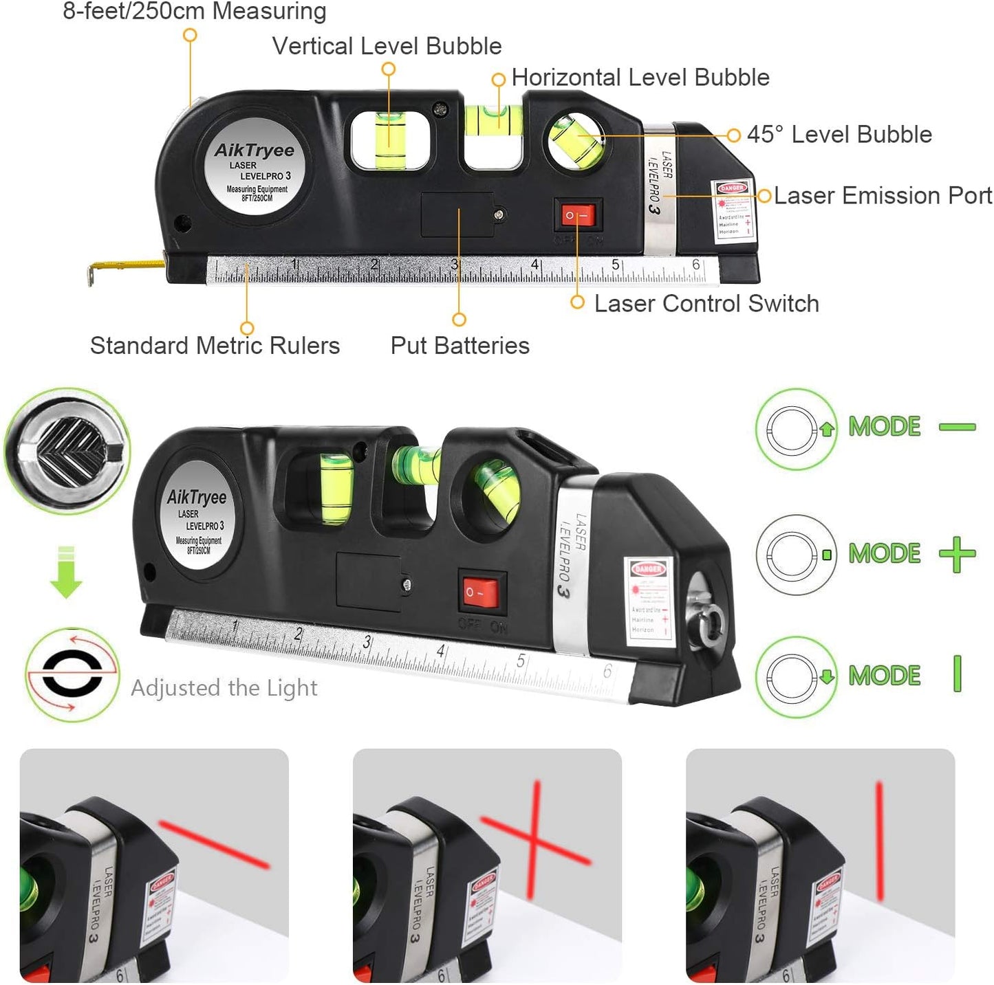 3-pronged bubble level system: 0° horizontal, 90° plumb, 45° angle