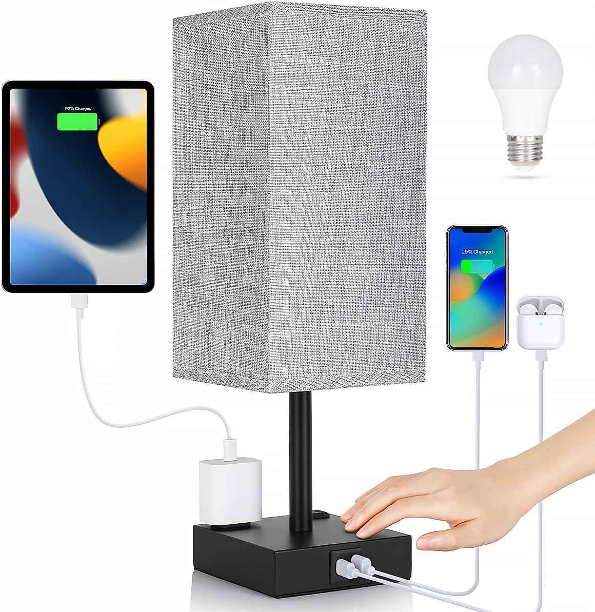 Soilsiu Fabric Shade Bedside Lamp with USB-C and AC Outlets, Stylish Nightstand Light for Modern Living Rooms