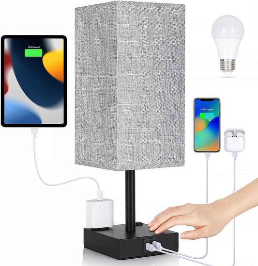 Soilsiu Fabric Shade Bedside Lamp with USB-C and AC Outlets, Stylish Nightstand Light for Modern Living Rooms