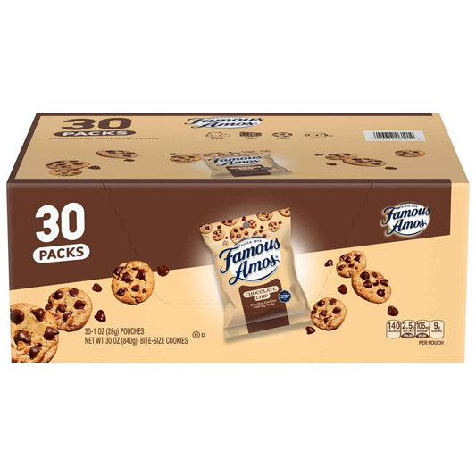 Famous Amos Bite-Size Chocolate Chip Cookies, 30 Count Single-Serve Packs for Halloween Treats and Holiday Gifting