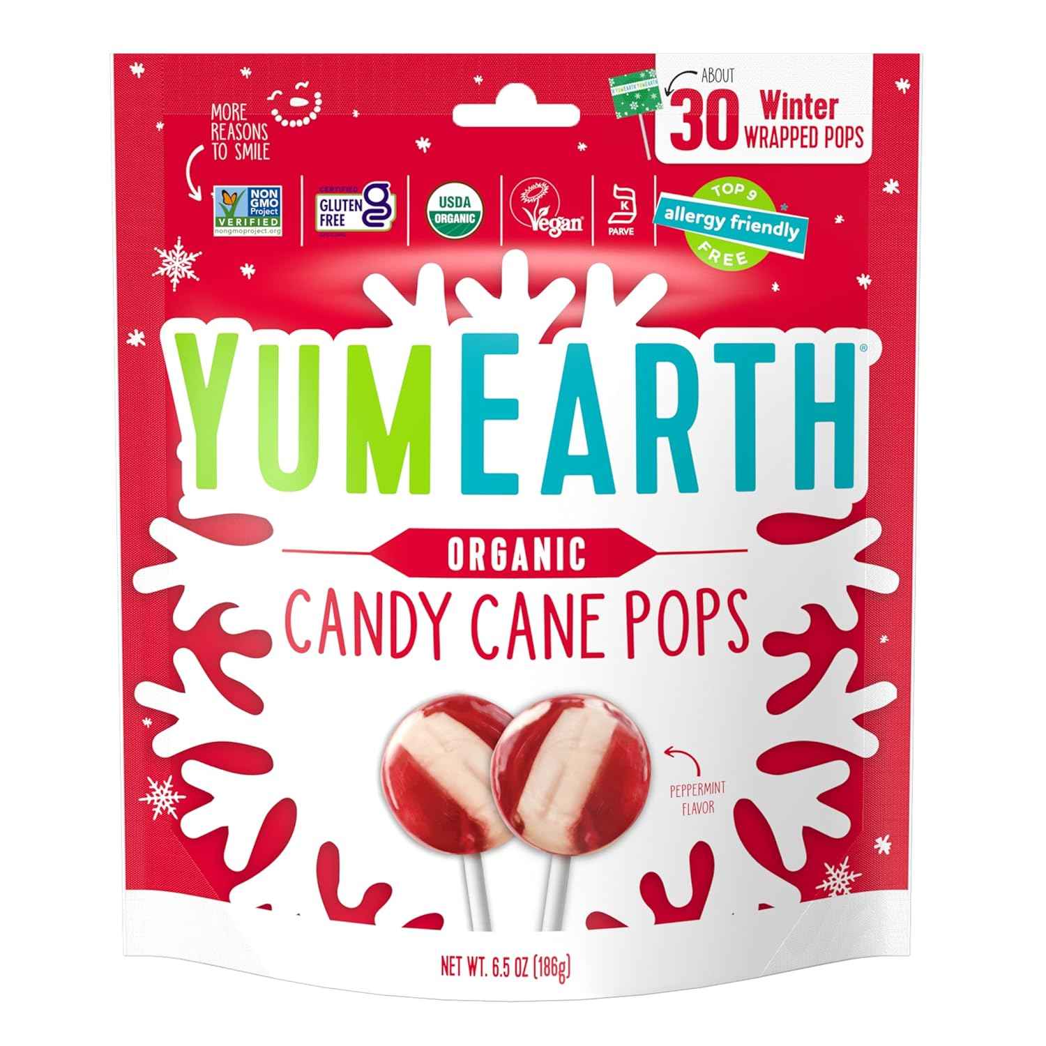 YumEarth Organic Candy Cane Lollipops - Clean Label Holiday Treat for Wellness Lifestyle, Non GMO Peppermint Candy, 30 Count