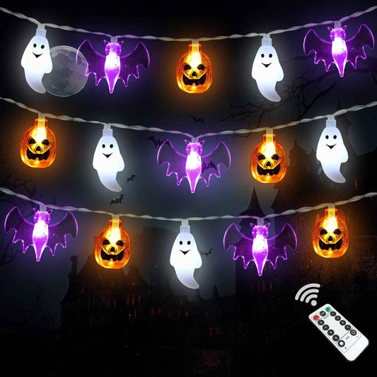 LampLustre Kids Halloween Lights Battery Operated 16FT 3D Pumpkin Bat Ghost - Cool to Touch LED String Lights for Playroom, Nursery, and Classroom Party