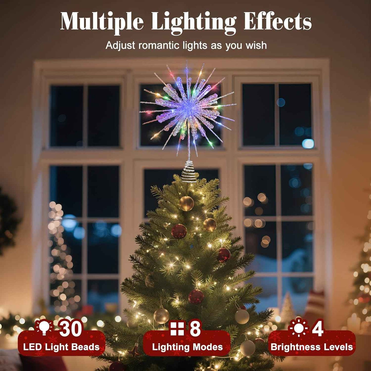 Lewondr Snowflake Tree Topper – Cozy Christmas Bedroom Decor, 12.2in Lighted Xmas Topper with Glittered Epoxy Finish