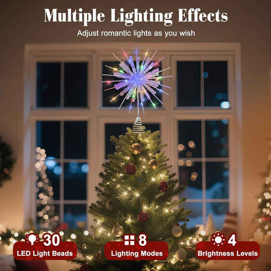 Lewondr Snowflake Tree Topper – Cozy Christmas Bedroom Decor, 12.2in Lighted Xmas Topper with Glittered Epoxy Finish