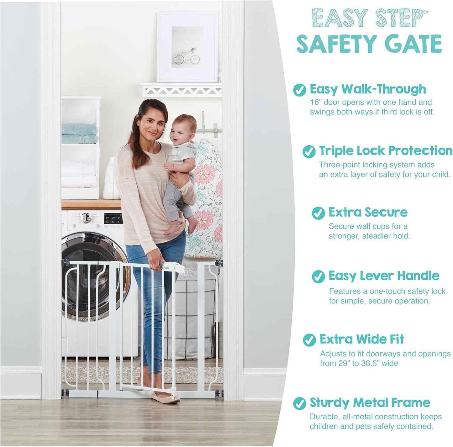 Regalo Baby Gate with Door in White – Modern Pressure Mounted Safety Gate that Blends with Doorways, Hallways and Staircases