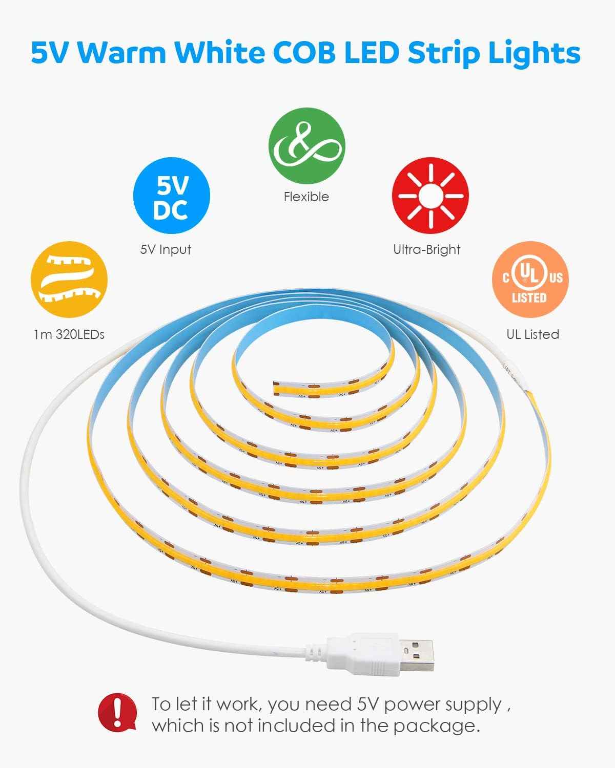 Aclorol USB COB LED Strip – Home Office Monitor Bias Light, 3000K Eye Strain Reduction