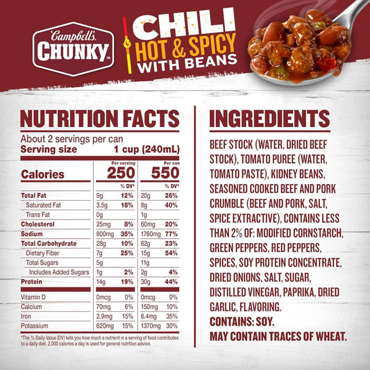 Campbell's Chunky Hot and Spicy Chili With Beans — 19 oz Tailgating Topper for Hot Dogs and Nachos