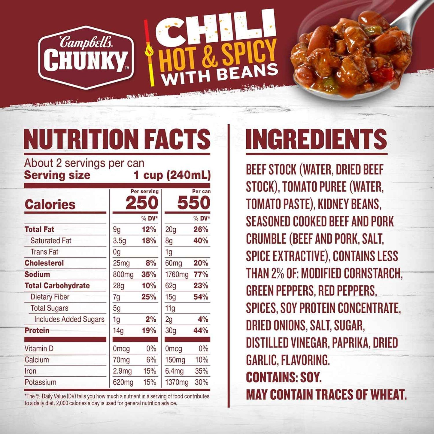 Campbell's Chunky Hot and Spicy Chili With Beans — 19 oz Tailgating Topper for Hot Dogs and Nachos