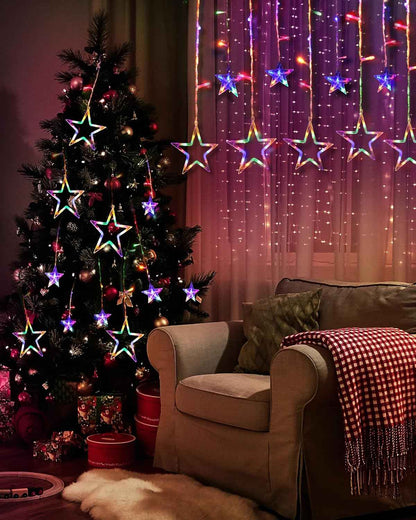 Blingstar Star Curtain Lights 138 LED 12 Star 30V UL Certified Low Voltage Flameless Christmas Lights 8.2 Ft for Safe Indoor Use Around Kids and Pets