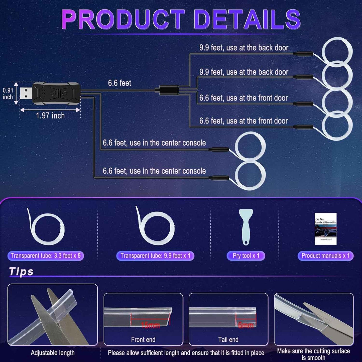 LivTee Smart Car Interior LED Lights – Unique Birthday Gift for Her, App Controlled Ambient Lighting for Car